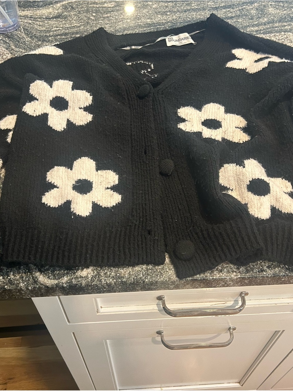 No Boundaries Black and Cream Daisy Knit Cardigan